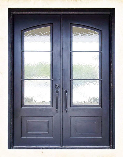 IWD Forged Iron Double Exterior Door CID-073 1-Panel Kickplate Square Top Aquatex Glass