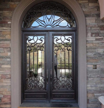 IWD Custom-made Wrought Iron Double Door CID-088 Square Top Clear Glass Low-E Round Transom