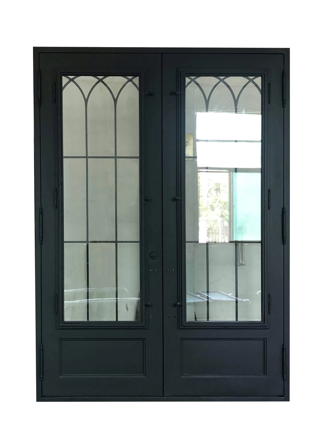IWD Forged Iron Double Exterior Door CID-097 Neat Grille Matt Black Square Top Clear Glass