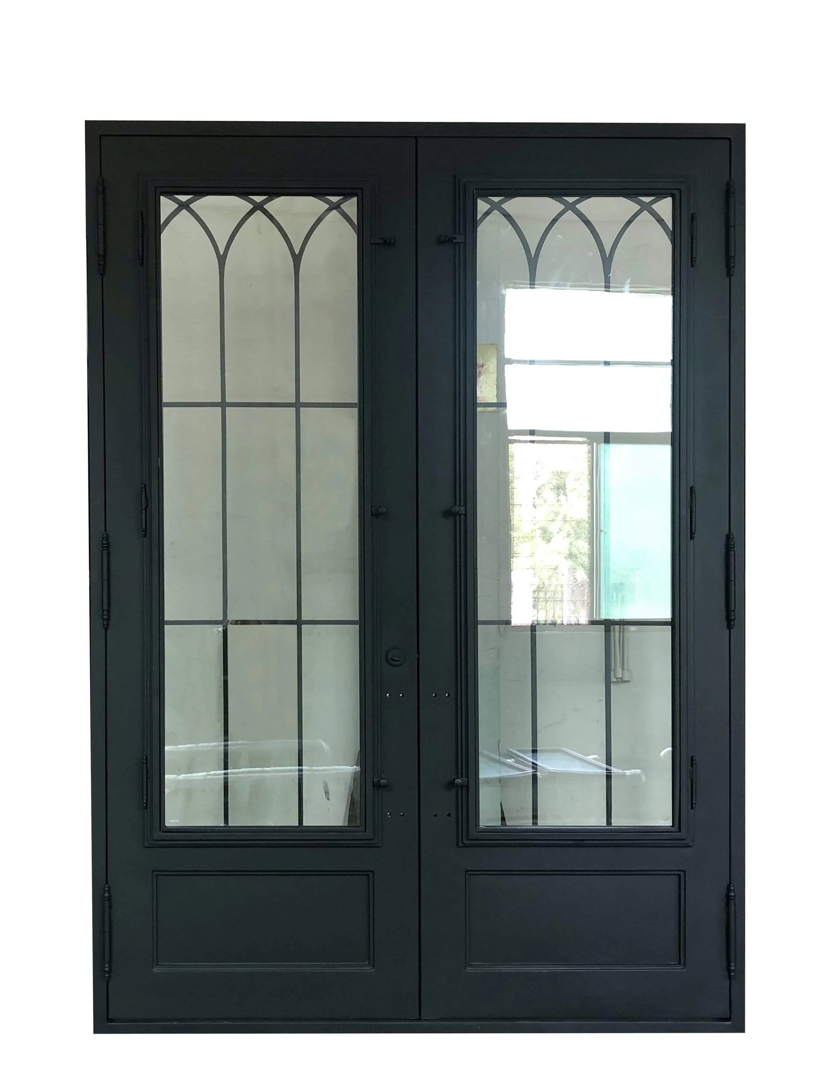 IWD Forged Iron Double Exterior Door CID-097 Neat Grille Matt Black Square Top Clear Glass