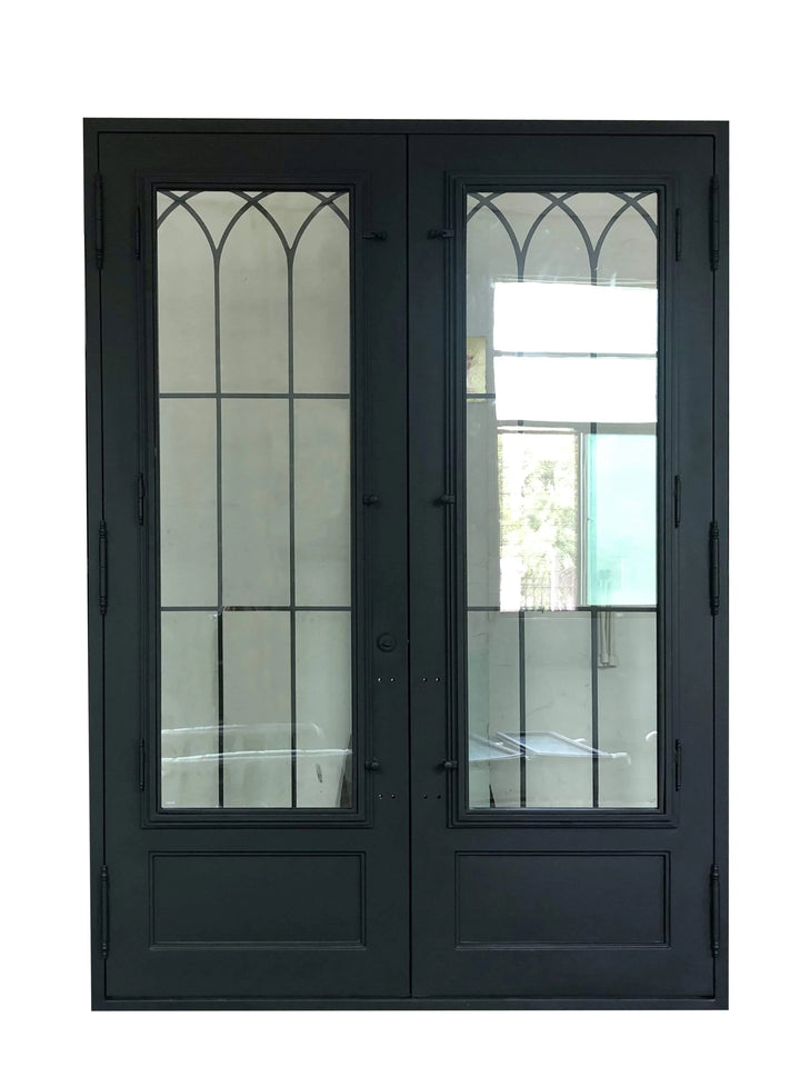 IWD Forged Iron Double Exterior Door CID-097 Neat Grille Matt Black Square Top Clear Glass