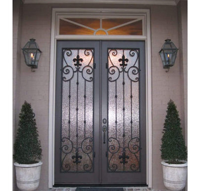 IWD Wrought Iron Entry Double Door CID-098 Operating Windows Square Top Aquatex Glass Hurricane Proof 