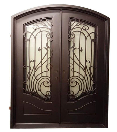 IWD Wrought Iron Double Entry Door CID-101 Modern Grille Design Arched Top Clear Glass Operating Windows