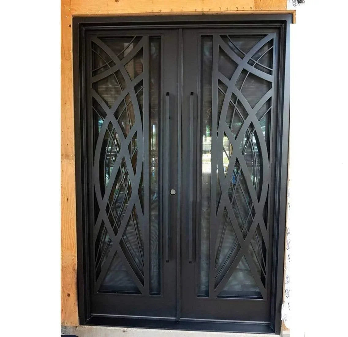 IWD Handmade Wrought Iron Double Exterior Door CID-102 Curve Design Square Top Hurricane Proof Operable Glass 