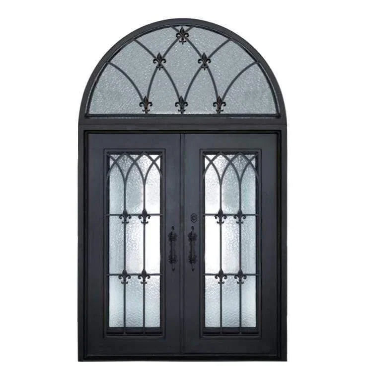 IWD Wrought Iron Front Double Door CID-104 Modern Design Matt Black Square Top Round Transom 