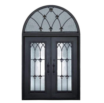 IWD Wrought Iron Front Double Door CID-104 Modern Design Matt Black Square Top Round Transom 