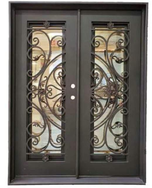 IWD Forged Iron Double Exterior Door CID-107 Decorative Scrollwork Square Top Sturdy Hurricane Proof Glass