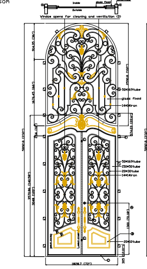 IWD Heavy Duty Wrought Iron Double Front Door CID-109 Baroque Luxury Pattern Arched Top Round Tall Transom