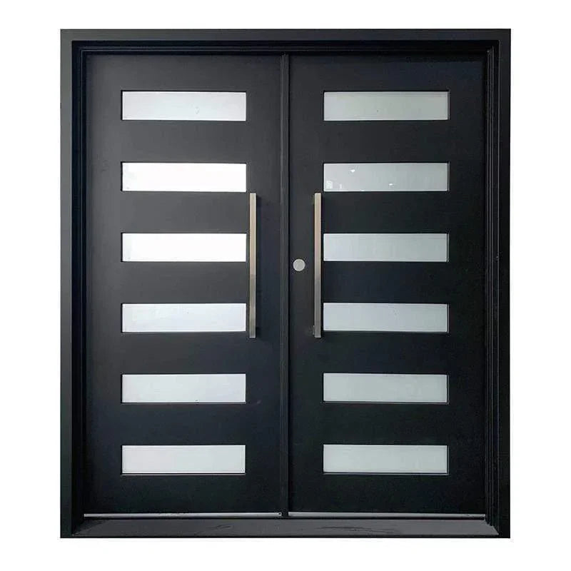 IWD House Renovation Wrought Iron Double Entry Door CID-116-B Simple Lines Square Top Clear Glass 12-Lite