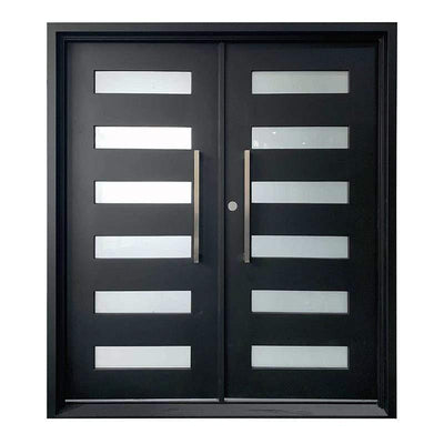 IWD House Renovation Wrought Iron Double Entry Door CID-116-B Simple Lines Square Top Clear Glass 12-Lite