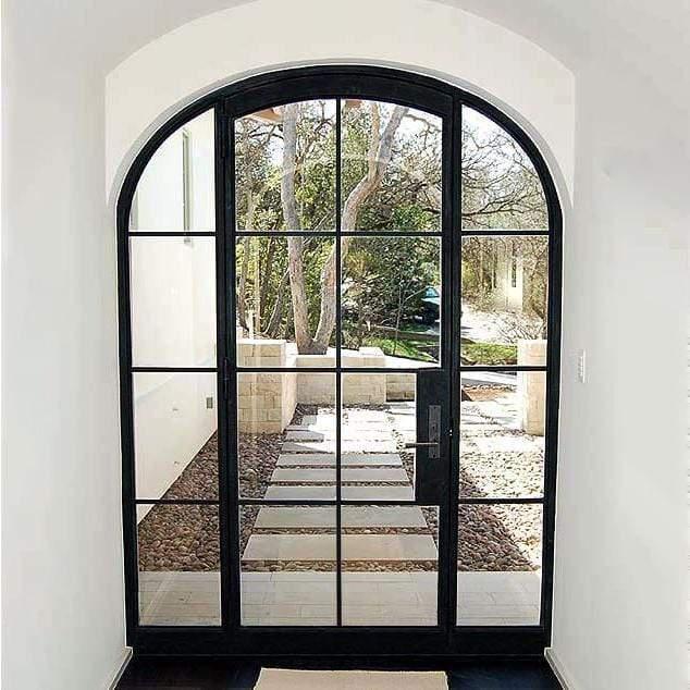 IWD Modern House Wrought Iron French Single Entry Door CIFD-S0301 Arched Top with Two Sidelights 