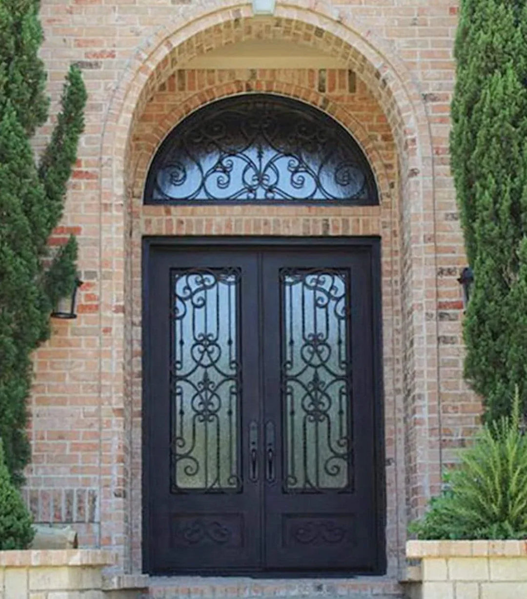 IWD Thermal Break Forged Iron Double Door CID-006 Elaborate Handmade Grille Square Top Round Transom