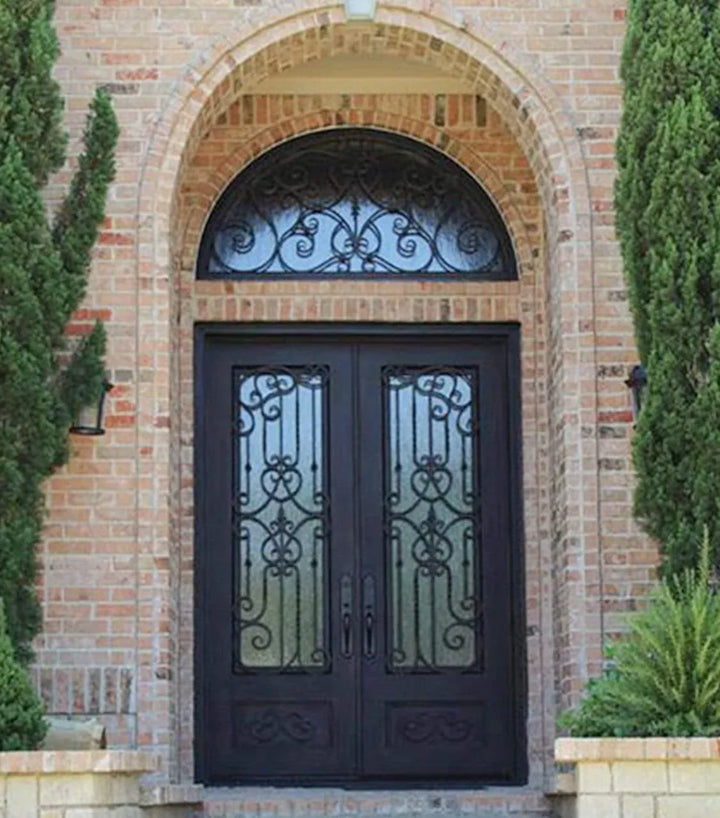 IWD Thermal Break Forged Iron Double Door CID-006 Elaborate Handmade Grille Square Top Round Transom