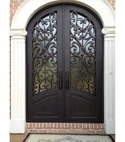 IWD Thermal Break Handmade Wrought Iron Double Entry Door CID-013 Noble Grille Design Arched Top Arched Kickplate 