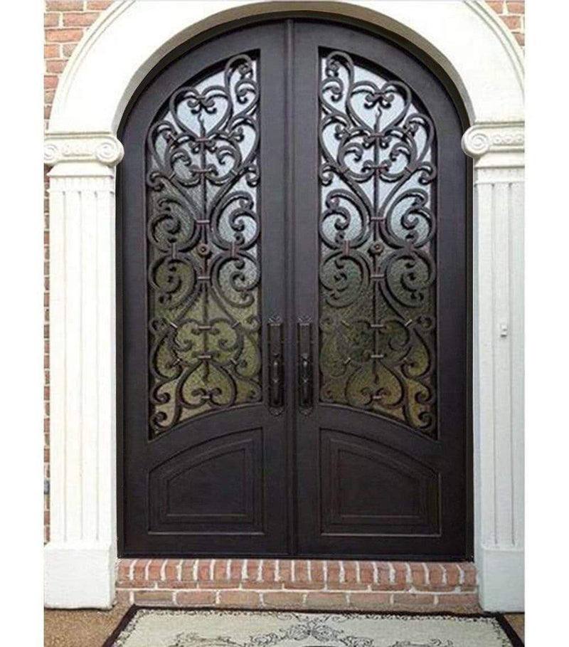 IWD Thermal Break Handmade Wrought Iron Double Entry Door CID-013 Noble Grille Design Arched Top Arched Kickplate 