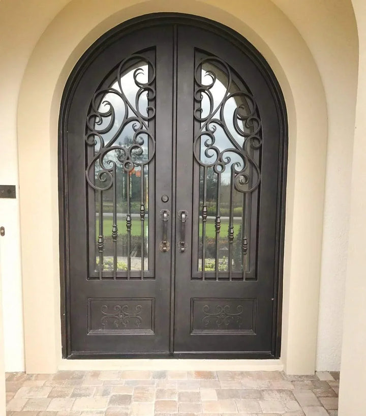 IWD Thermal Break Handmade Wrought Iron Double Door CID-016 with Kick Plate Round Top Hurricane Proof
