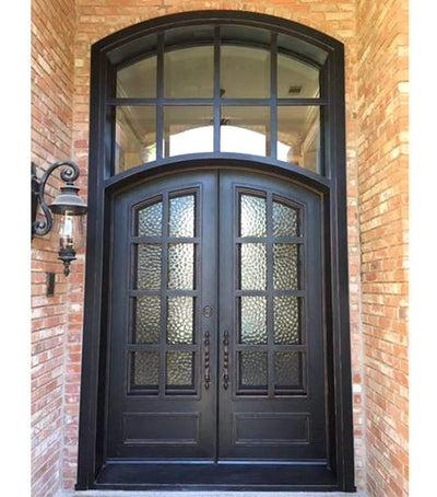 IWD Thermal Break Wrought Iron Double Entry Door CID-018 Arched Top Water Cubic Glass Arched Transom