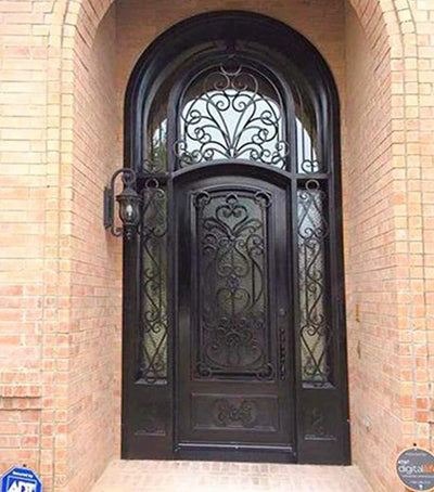 IWD Thermal Break Durable Front Iron Entry Single Door CID-019 Luxury Scrollwork Arched Top Round Transom 