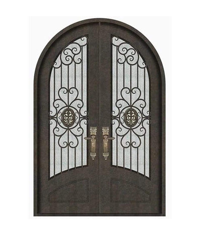 IWD Thermal Break Forged Iron Double Exterior Door CID-020 Beautiful Handcrafted Scrollwork Round Top Arched Kickplate