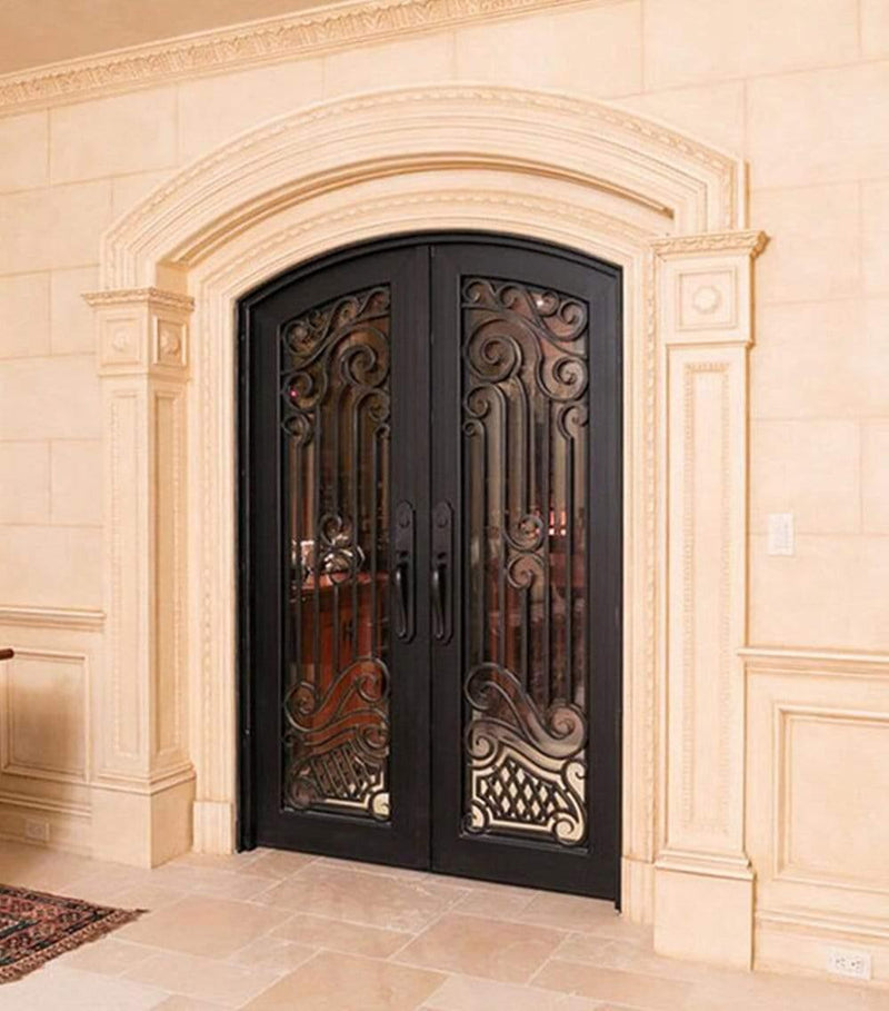 IWD Thermal Break Handcrafted Wrought Iron Entry Double Door CID-034 Heavy Duty Arched Top Clear Glass Full Lite