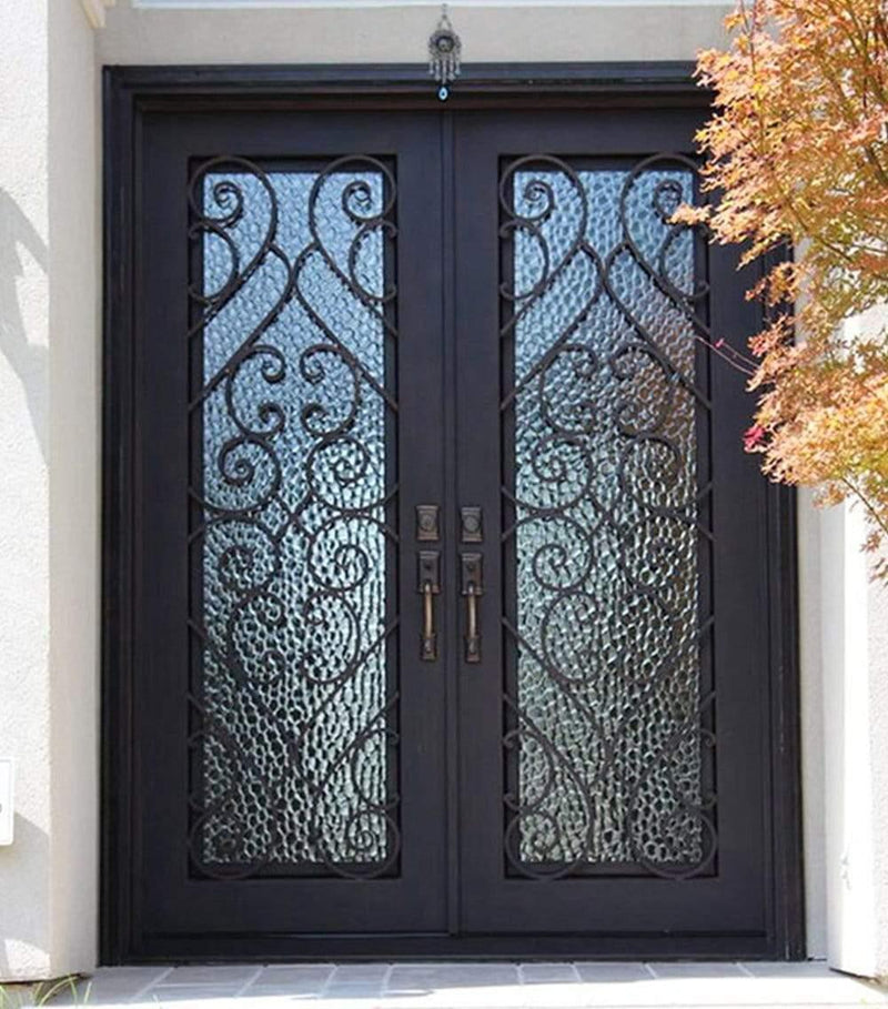 IWD Thermal Break Beautiful Iron Double Entry Door CID-036 Square Top Water Cubic Glass 