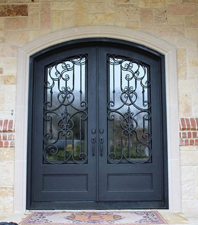 IWD Thermal Break Beautiful Iron Double Entry Door CID-049 Rustic Style Arched Top Clear Glass
