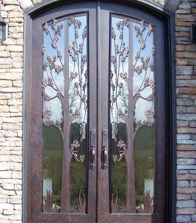 IWD Thermal Break Wrought Iron Double Entry Door CID-053 Beautiful Flowery Pattern Arched Top Clear Glass Low-E