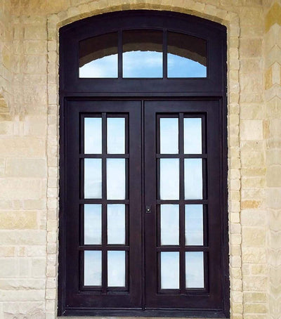 IWD Thermal Break Rustic Style Iron Wrought Double Door CID-067 Clear Glass Arched Transom 