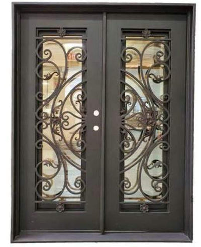 IWD Thermal Break Forged Iron Double Exterior Door CID-107 Decorative Scrollwork Square Top Sturdy Hurricane Proof Glass