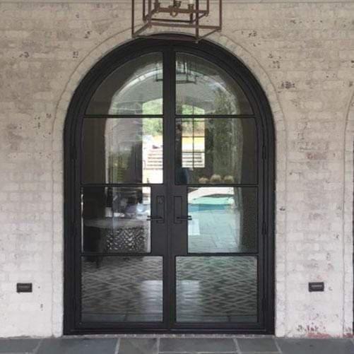 IWD Thermal Break Double Front Wrought Iron French Door CIFD-D0102 Round Top Clear Glass 4-Lite 
