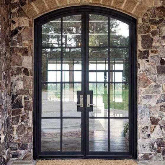 IWD Thermal Break Neat Design Wrought Iron French Dual Door CIFD-D0104 Arched Top Hurricane-Proof Glass 8-Lite 