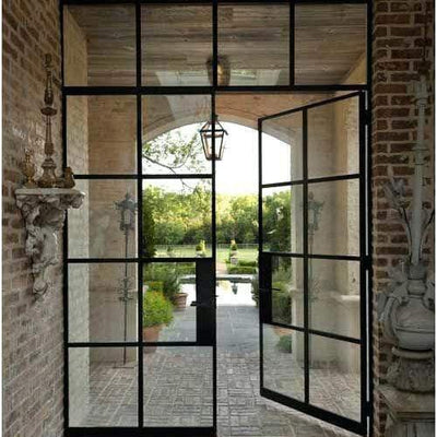 IWD Thermal Break Steel Frame Iron French Door CIFD-D0401 Square Top Square Transom Hurricane-Proof Glass 8-Lite 