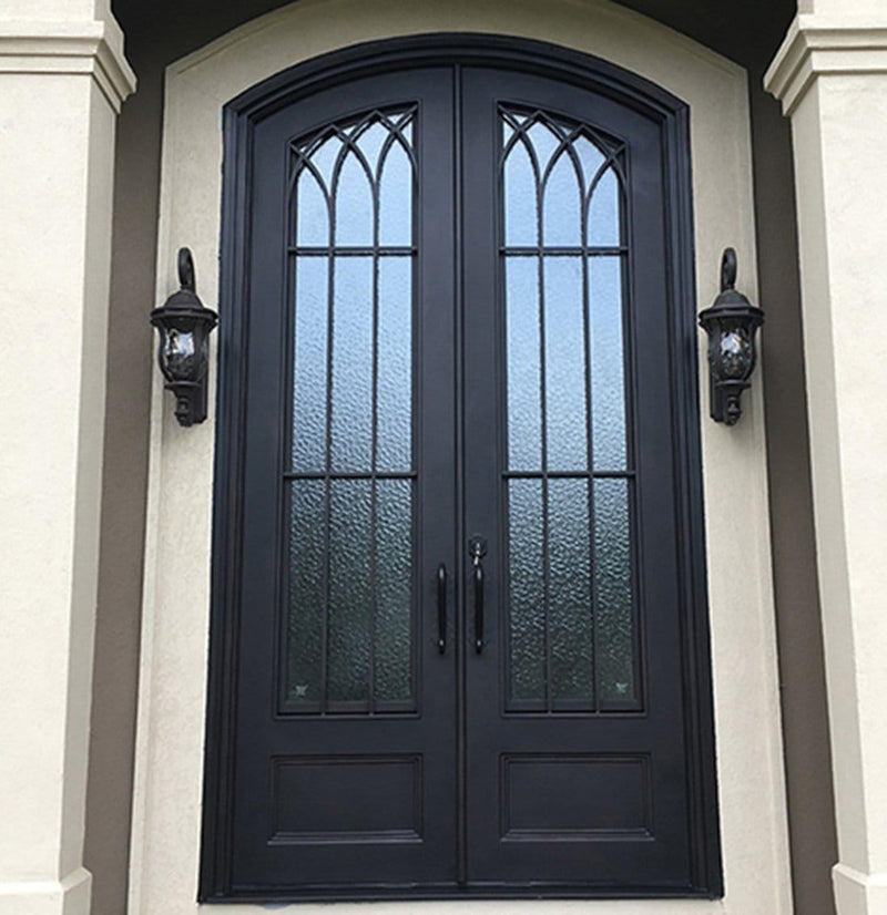 IWD Forged Iron Double Exterior Door CID-097 Neat Grille Matt Black Arched Top Hurricane Proof 