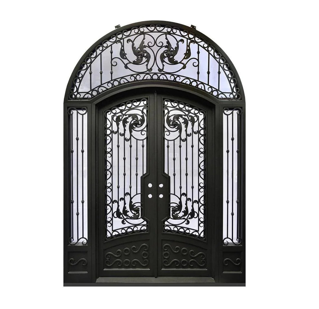 IWD Luxury Custom-made Wrought Iron Double Entry Door CLID-002 Arched Top Round Transom with Two Sidelits 