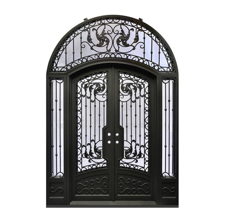 IWD Luxury Custom-made Wrought Iron Double Entry Door CLID-002 Arched Top Round Transom with Two Sidelits 