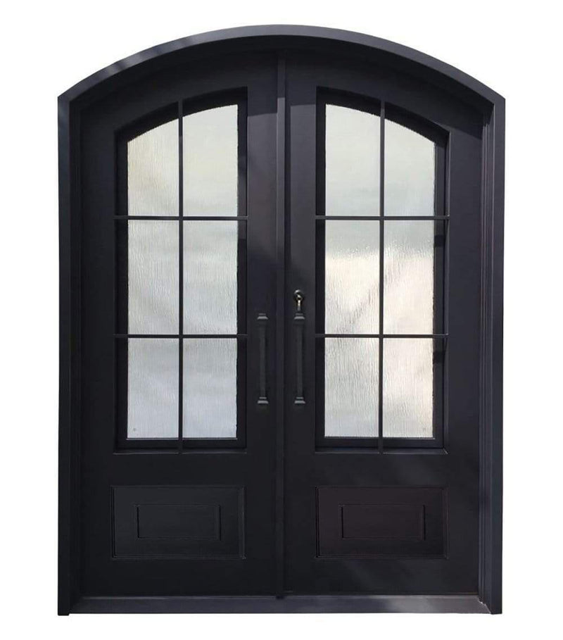 IWD Wrought Iron Double Front Entry Door CID-022-B Classic Grid Design Arched Top Operable Glass with Screens 